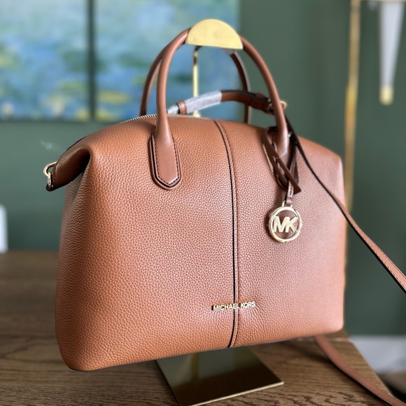 NWT! NEW! KORS Michael Kors Hyde Large Pebbled Leather Satchel -Caramel Luggage - Picture 1 of 12